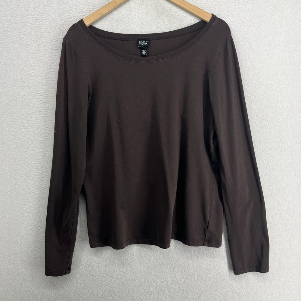 EILEEN FISHER Top M Stretch Organic Cotton Scoop Neck Long Sleeve Brown USA